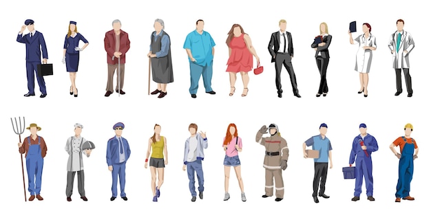 Conjunto de 20 piezas personas de diferentes profesiones sobre un fondo blanco - ilustración vectorial