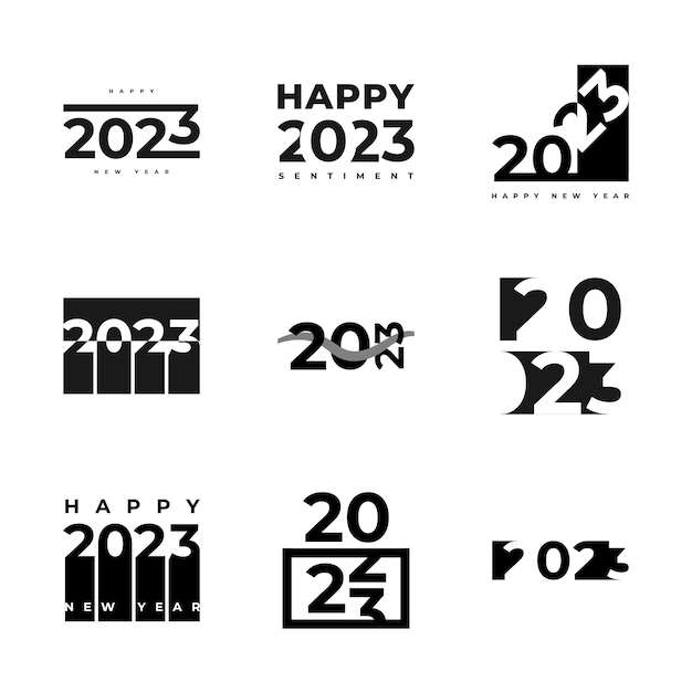 Conjunto de 2023 Diseño de texto de logotipo de feliz año nuevo 2023 Símbolo de feliz año nuevo aislado sobre fondo blanco utilizable para diseño de calendario de etiquetas o tarjeta de celebración