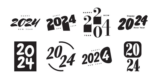 Conjunto de 2024 Diseño de texto de logotipo de feliz año nuevo 2024 Números o etiquetas con color negro aislado sobre fondo blanco Símbolo de año nuevo