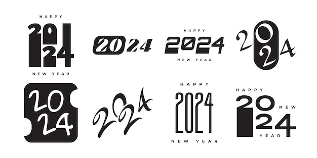 Conjunto de 2024 Diseño de texto de logotipo de feliz año nuevo 2024 Números o etiquetas con color negro aislado sobre fondo blanco Símbolo de año nuevo