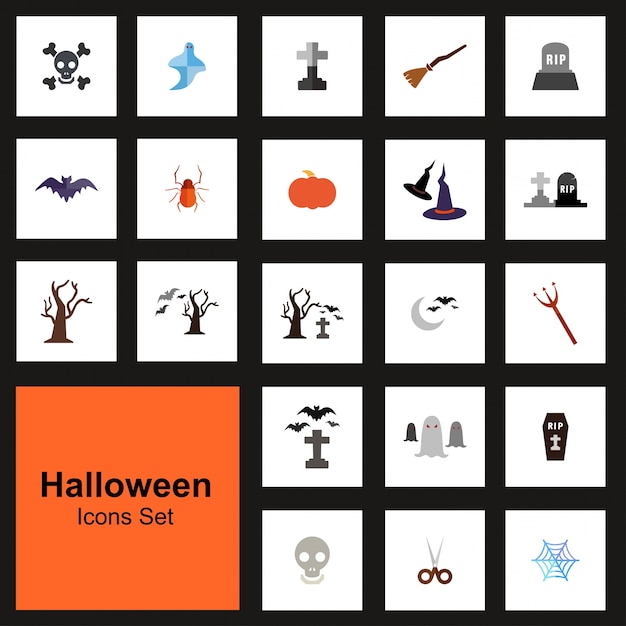 Conjunto de 21 iconos de halloween sobre fondo negro