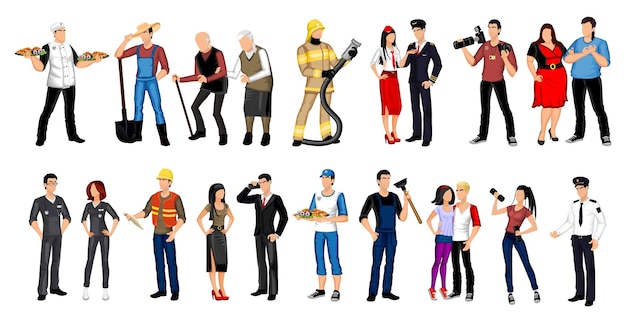 Conjunto de 21 piezas personas de diferentes profesiones sobre un fondo blanco - ilustración vectorial