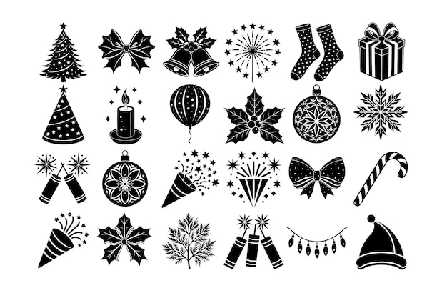 Conjunto de 24 colecciones de clipart de silueta navideña con elementos y decoraciones festivas
