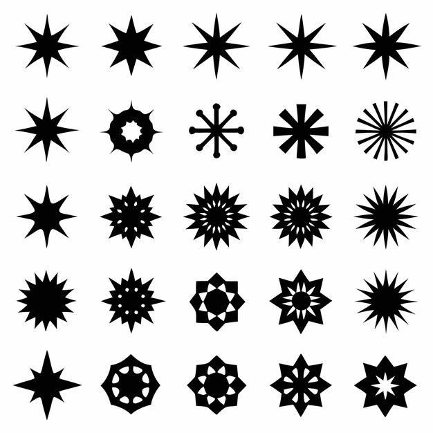 Un conjunto de 24 símbolos de estallido de estrellas negras colocados sobre un fondo blanco en una cuadrícula de 4 por 6
