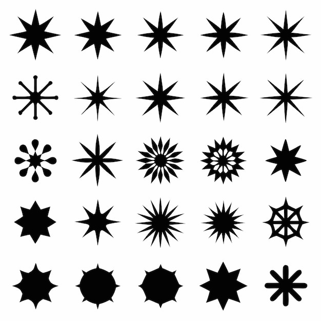 Un conjunto de 24 símbolos de estallido de estrellas negras colocados sobre un fondo blanco en una cuadrícula de 4 por 6