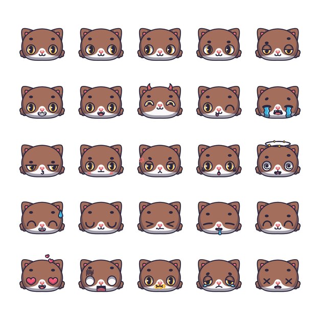 Conjunto de 25 avatares de gatos marrones con varios gestos de expresiones faciales
