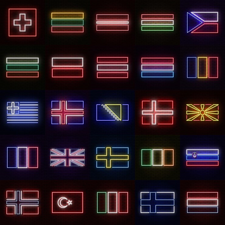 Vector un conjunto de 25 banderas de diferentes países europeos en estilo neón.