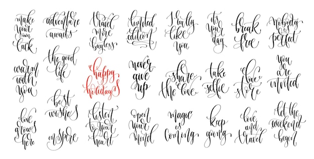 Conjunto de 25 citas positivas de letras a mano aisladas en moti blanco
