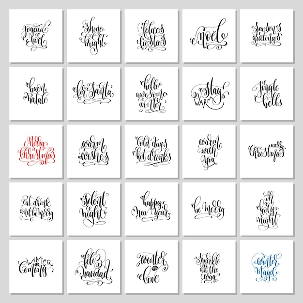 conjunto de 25 diseños de letras cuadradas a mano para tarjetas de felicitación navideñas de invierno, pancarta o arte de pared imprimible, colección de ilustraciones de vectores de caligrafía