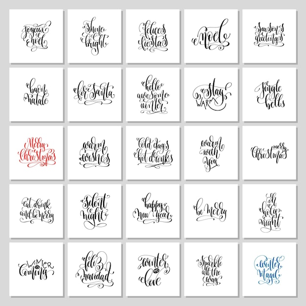 Conjunto de 25 diseños de letras cuadradas a mano para tarjetas de felicitación navideñas de invierno, pancarta o arte de pared imprimible, colección de ilustraciones de vectores de caligrafía