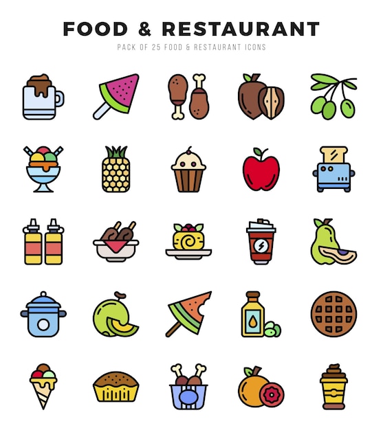 Vector conjunto de 25 iconos de colores lineales de alimentos y restaurantes