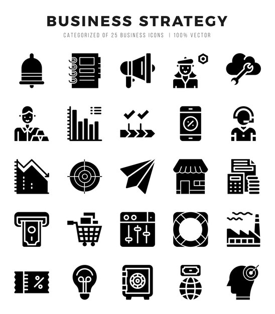 Conjunto de 25 íconos de glifos de estrategia de negocios