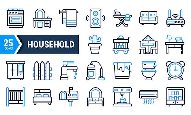 Un conjunto de 25 iconos de línea azul que representan artículos domésticos