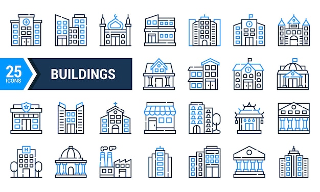 Un conjunto de 25 iconos de línea azul que representan diferentes tipos de edificios