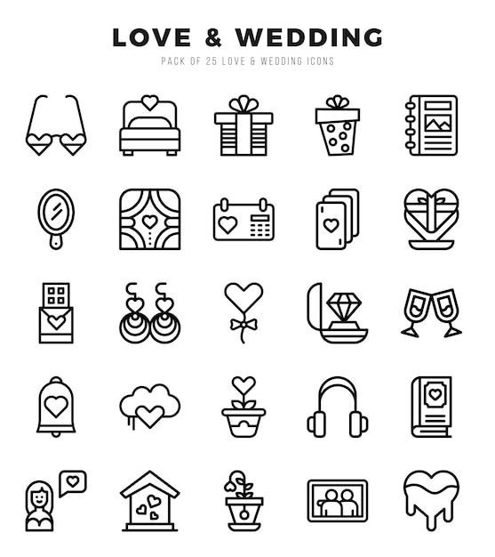 Conjunto de 25 íconos lineales de bodas de amor