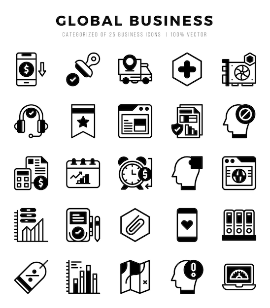 Conjunto de 25 íconos lineales llenos de negocios globales