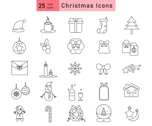 Conjunto de 25 iconos de Navidad Feliz Navidad y Feliz Año Nuevo Colección de iconos de navidad Árbol de Papá Noel de invierno presenta copos de nieve vacaciones Ilustración vectorial en color blanco