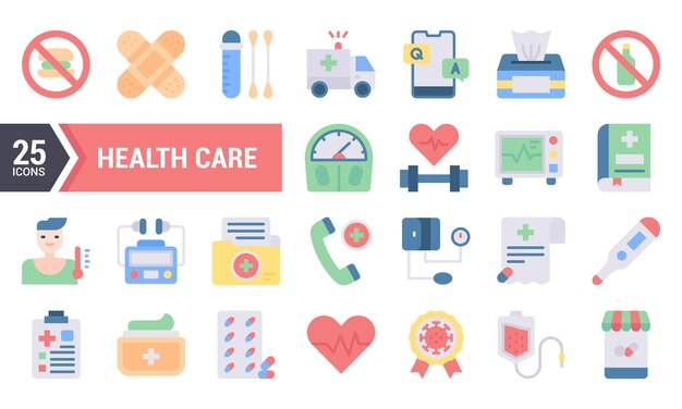 Un conjunto de 25 iconos planos coloridos para aplicaciones y sitios web de atención médica