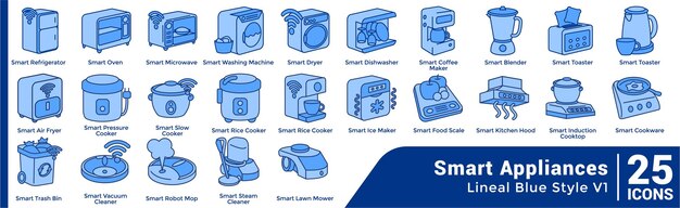 Conjunto de 25 iconos temáticos de electrodomésticos inteligentes de estilo azul