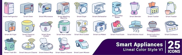 Conjunto de 25 iconos temáticos de electrodomésticos inteligentes estilo de color lineal