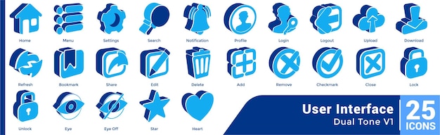Conjunto de 25 iconos temáticos de la interfaz de usuario de estilo Dualtone