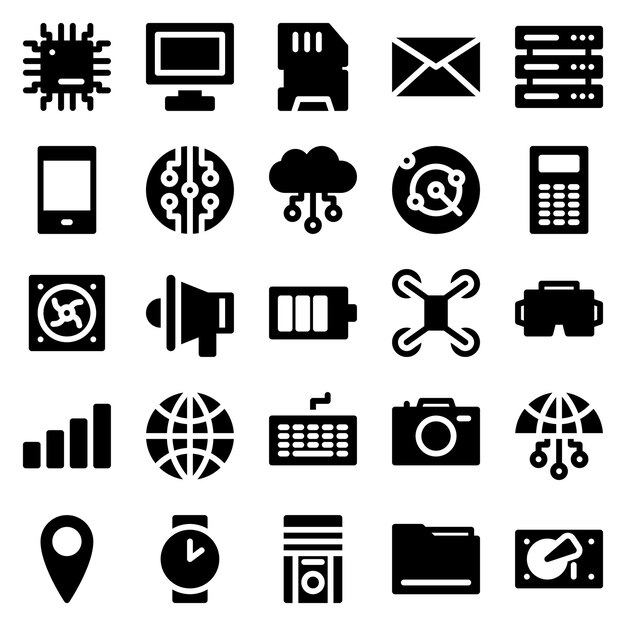 Conjunto de 25 iconos web de dispositivos y tecnología en estilo sólido Industria 40 concepto fábrica del futuro Colección iconos sólidos de tecnología Ilustración vectorial