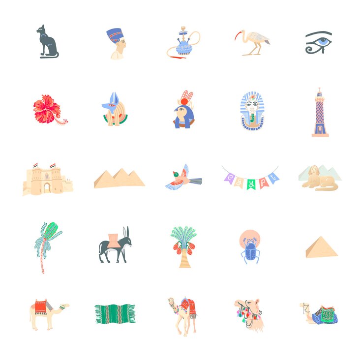 Vector conjunto de 25 símbolos de iconos egipcios de dibujo a mano en un estilo moderno minimalista de moda