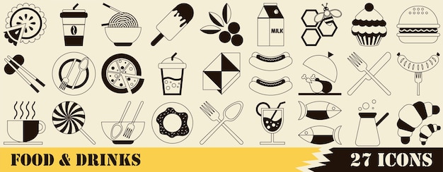 Conjunto de 27 iconos lineales relacionados con alimentos y bebidas alimentos y bebidas abstractos patrón geométrico mosaico