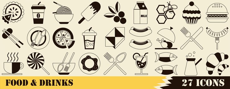 Conjunto de 27 iconos lineales relacionados con alimentos y bebidas alimentos y bebidas abstractos patrón geométrico mosaico