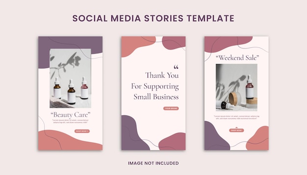 Conjunto de 3 atractivas plantillas de diseño de historias de Instagram en redes sociales decoradas con marco cuadrado y objeto de mancha púrpura adecuado para publicidad promoción de marca producto panadería galleta belleza