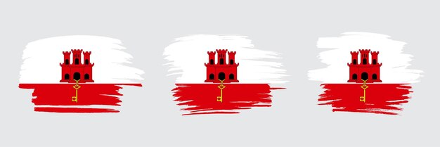 Conjunto de 3 banderas creativas de Gibraltar con efecto de trazo grungy Colección de banderas modernas de pincel