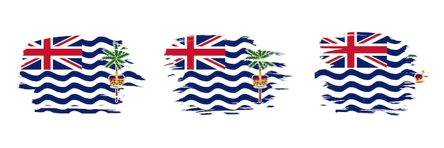 Conjunto de 3 banderas creativas del Territorio Británico del Océano Índico con efecto de trazo grungy