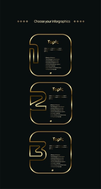 Conjunto de 3 botones infográficos multipropósito abstractos de lujo con tres opciones y premium