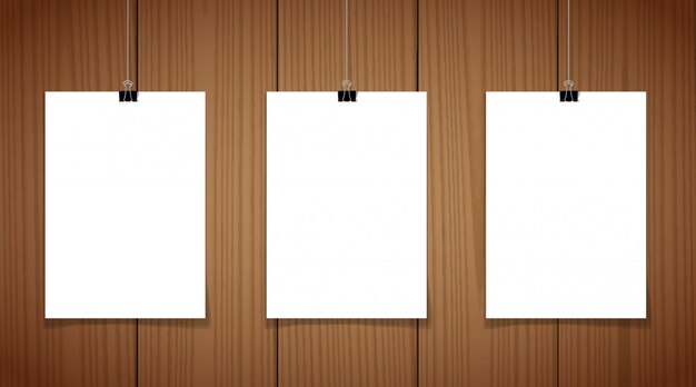 Conjunto de 3 carteles en blanco colgados en hilo con clips