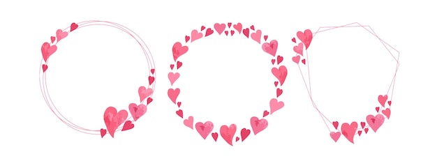 Vector conjunto de 3 coronas de san valentín marcos románticos rosas con corazones aislados galentines arte vectorial