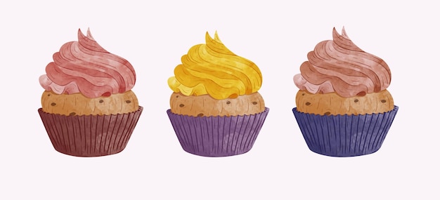 Conjunto de 3 Cup Cakes diferentes, ilustración vectorial de estilo acuarela.