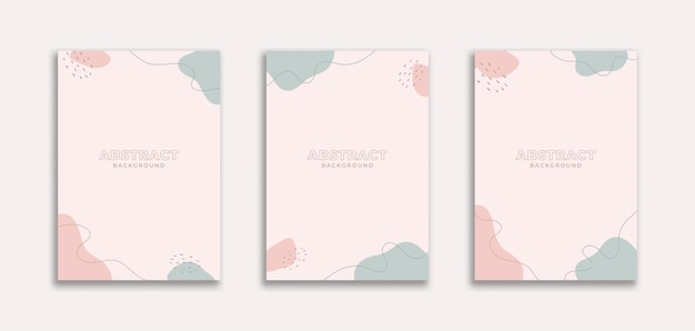 Conjunto de 3 dibujos abstractos con fondo con manchas de color rosa azul tema pastel estilo fluido para pancartas panfletos marcos de carteles presentaciones de bordes volantes publicidad promoción