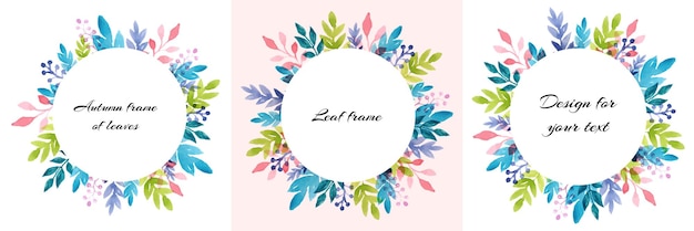 Conjunto con 3 hojas de acuarela de diseño colorido marco floral. Plantilla con un espacio de copia redondo. Composición botánica para arreglo de invitaciones de boda. Diseño de ramo floral para diseño de tarjetas.