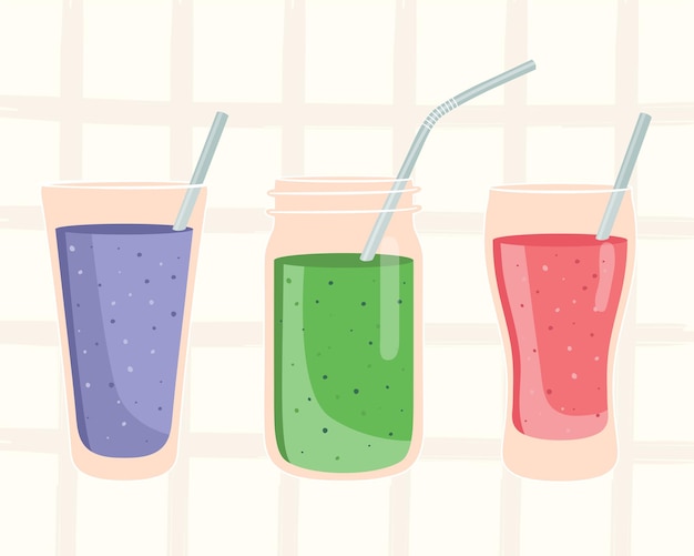 Conjunto de 3 ilustraciones de batido saludable sobre fondo claro se puede utilizar como elemento de menú para café