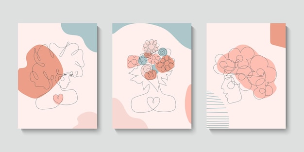 Conjunto con 3 mujeres abstractas un retrato de línea continua Ilustración de estilo minimalista moderno