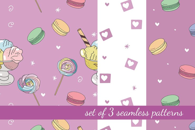 Vector conjunto de 3 patrones vectoriales sin fisuras con postres y elementos decorativos en estilo de dibujos animados
