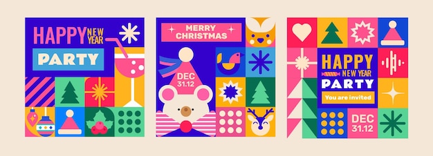 Conjunto de 3 plantillas de fiesta de Año Nuevo y Navidad.