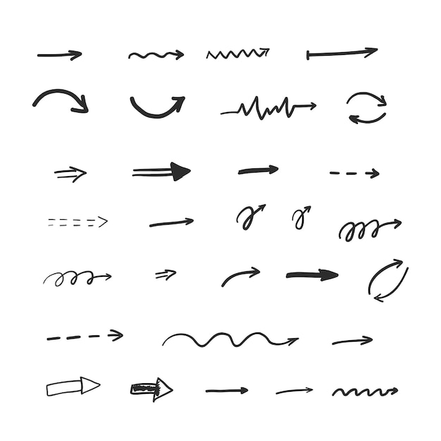 Conjunto de 30 flechas ahogadas a mano Negro sobre fondo blanco Ilustración vectorial de boceto Elementos de navegación para sitios web o aplicaciones Modelo de diseño fácil de editar