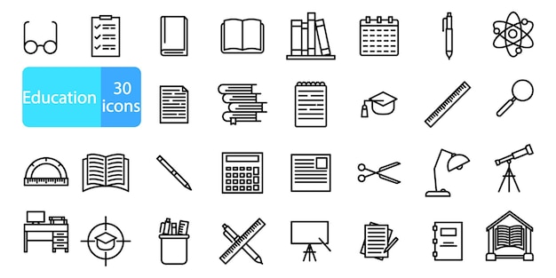 Conjunto de 30 iconos de línea para la educación de regreso a la escuela aprendizaje de la escuela conjunto de iconos de contorno vector