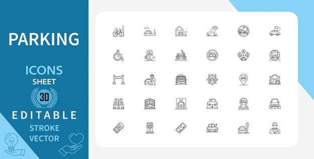 Conjunto de 30 iconos de línea relacionados con el estacionamiento, el tráfico de vehículos de vehículos discapacitados y más