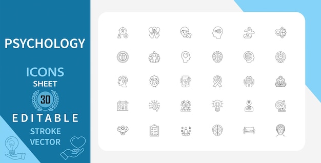 Conjunto de 30 iconos de línea relacionados con psicología salud mental cerebro mente emociones terapia y más