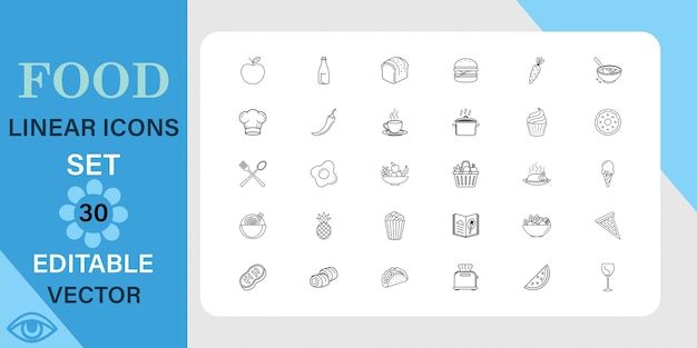 Un conjunto de 30 iconos lineales vectoriales editables que representan varios alimentos, incluidas frutas y verduras