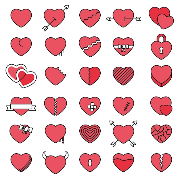 Conjunto de 30 iconos simples corazones para el día de san valentín