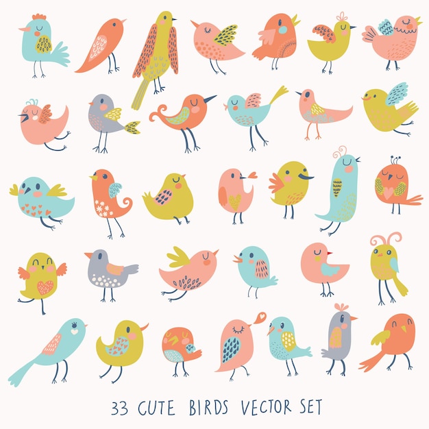 Conjunto de 33 pájaros lindos en vector colección de dibujos animados con familia de pajaritos divertidos