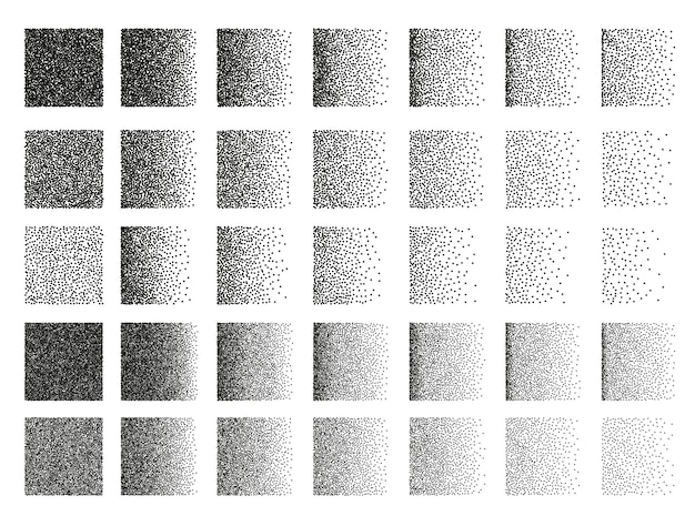 Conjunto de 35 patrones de punteado cuadrado para diseño. Grabado puntual para crear pinceles. Grabado para fondos retro. Grabado para sombra. Conjunto muy detallado de grabado de azulejos para el diseño.